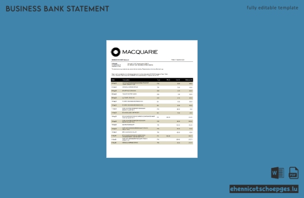 Macquarie Bank Unternehmensabrechnung – Beispielansicht (Word und PDF)